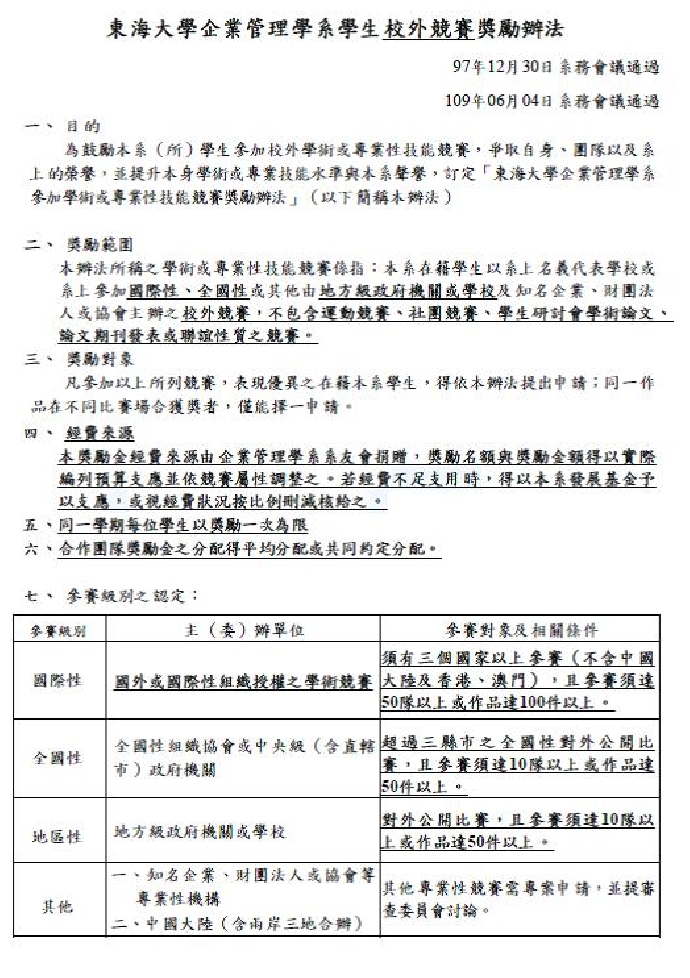 東海大學企業管理學系學生校外競賽獎勵辦法